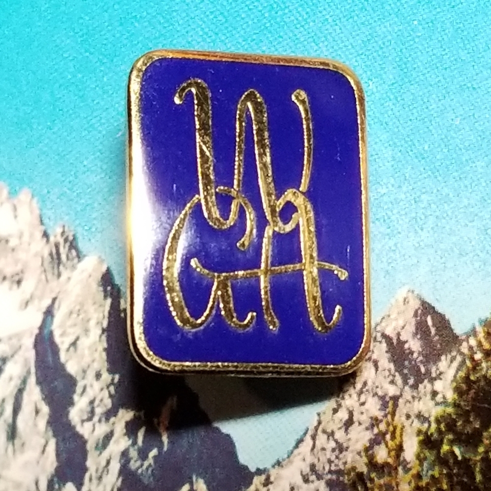 WGA lapel pin blue enamel on gold tone metal brooch